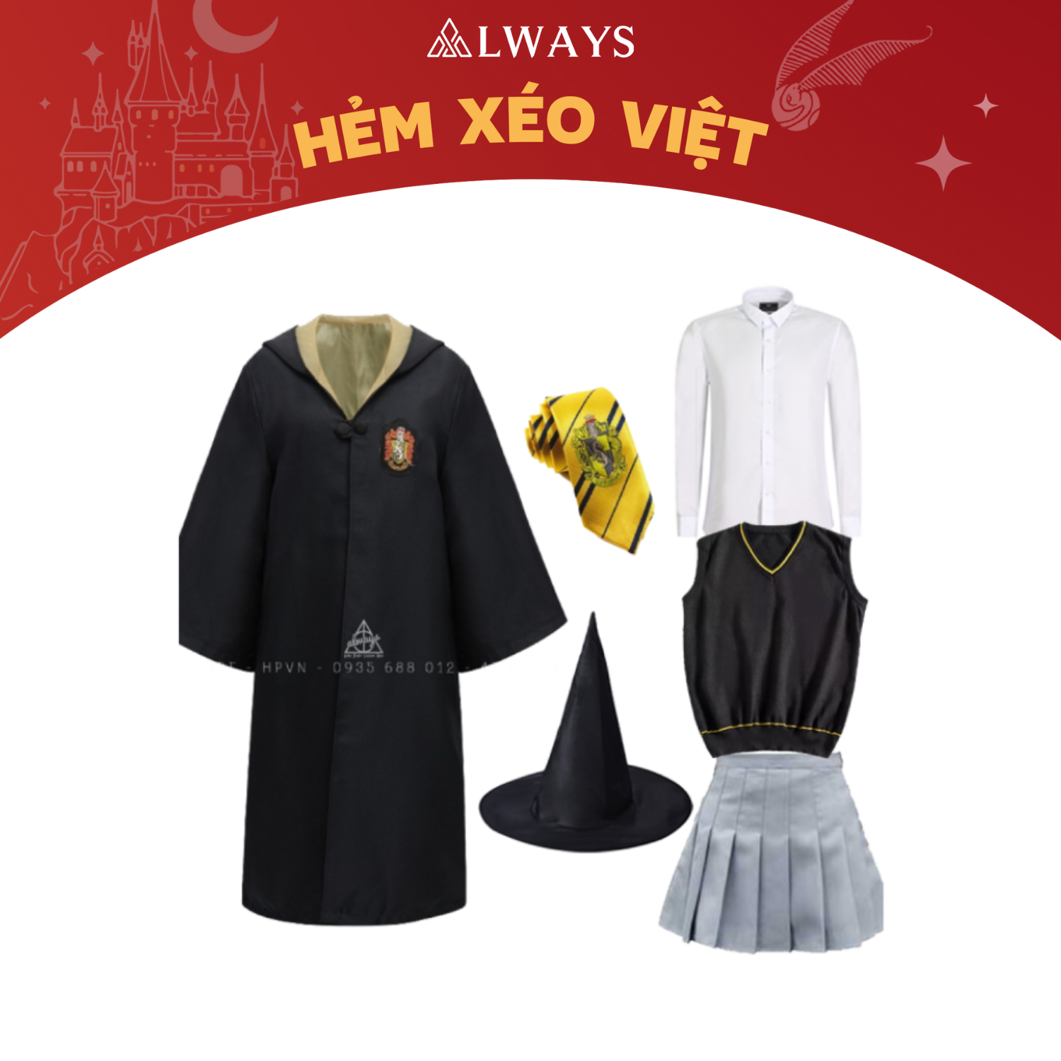 COMBO 13: Áo chùng + Cà vạt + Sơ mi + Ghile + Váy + Mũ phù thủy nhà Hufflepuff