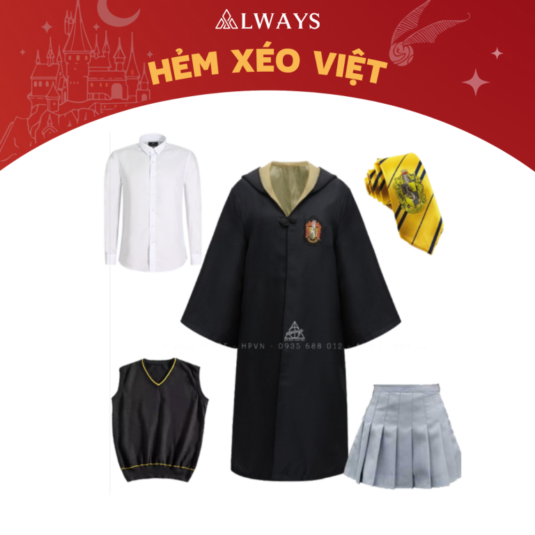COMBO 9: Áo chùng + Cà vạt + Sơ mi  + Ghile + Váy nhà Hufflepuff