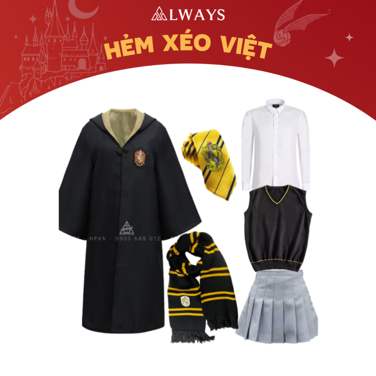 COMBO 10: Áo chùng + Cà vạt + Sơ mi + Ghile + Váy + Khăn dày nhà Hufflepuff