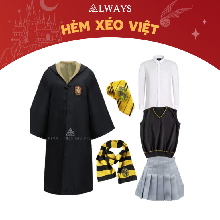 COMBO 11: Áo chùng + Cà vạt + Sơ mi + Ghile + Váy + Khăn choàng mỏng nhà Hufflepuff