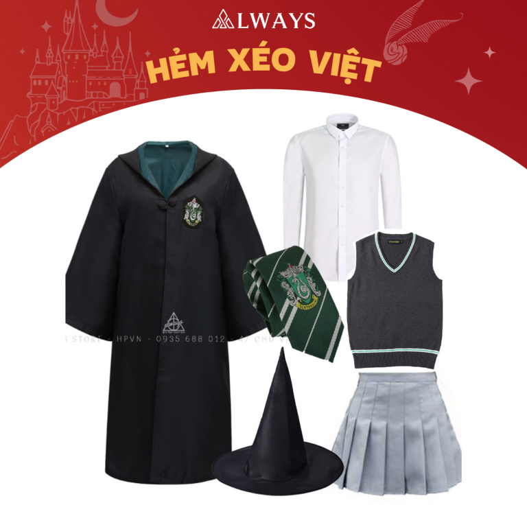 COMBO 13: Áo chùng + Cà vạt + Sơ mi + Ghile + Váy + Mũ phù thủy nhà Slytherin
